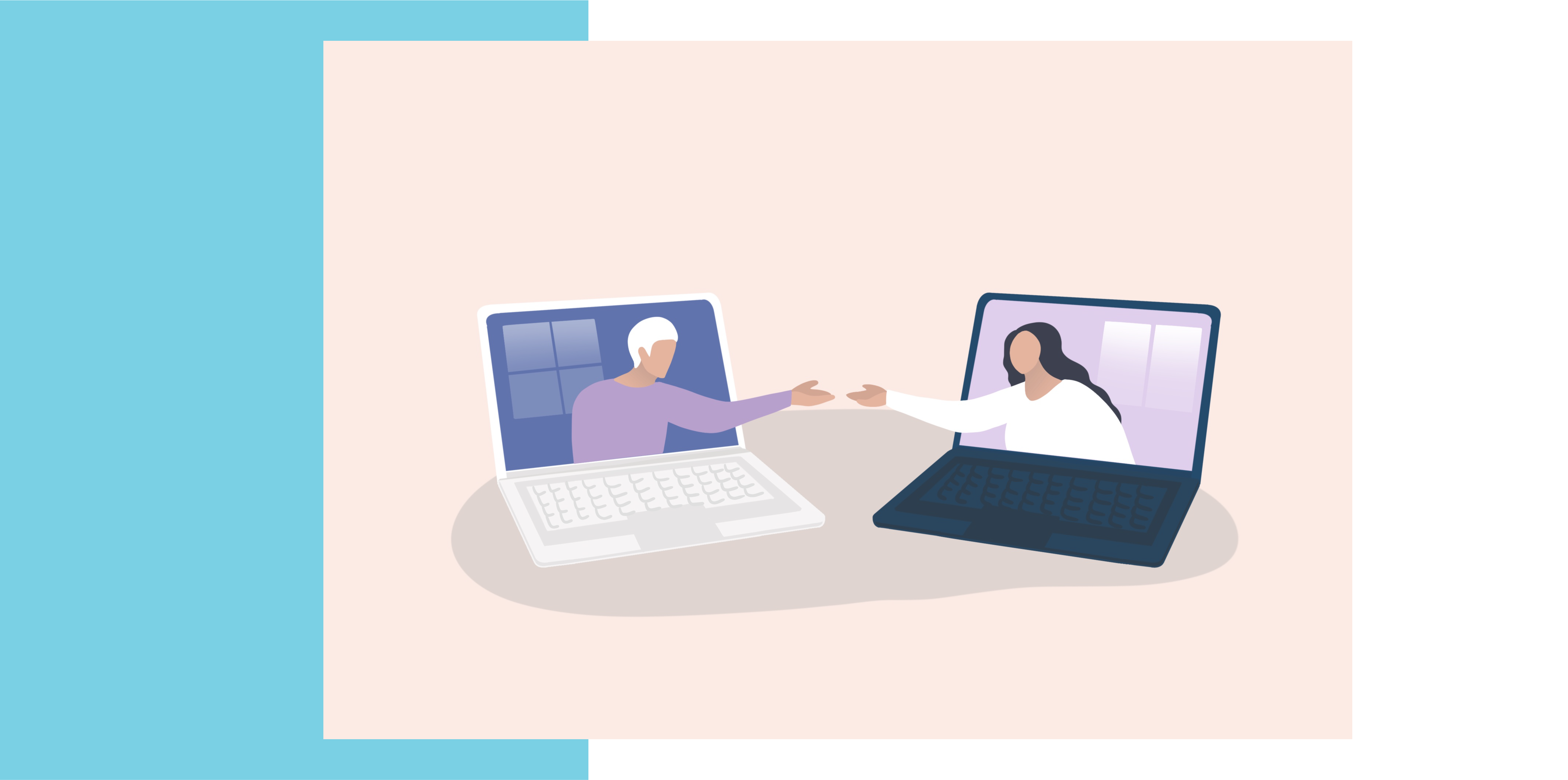 Graphic illustrated image of two people in laptops reaching out to touch hands.