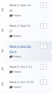 Screenshot from Avenue to Learn course showing week by week organization.