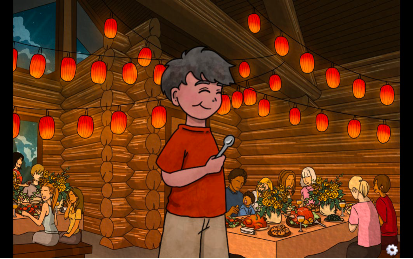 In a restaurant, a boy wearing a red shirt holds a spoon in front of his chest.