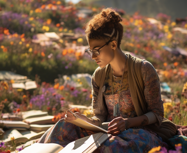 AI Generated: Color photo of a non - binary racially ambiguous university professor grading 10, 000 exams in a field of wildflowers with a unicorn standing beside them - Midjourney
