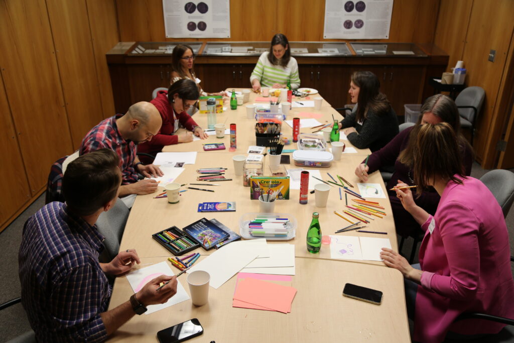 Leadership in Teaching and Learning Fellows participate in a creative leadership activity during the LTL Retreat in March 2024. 