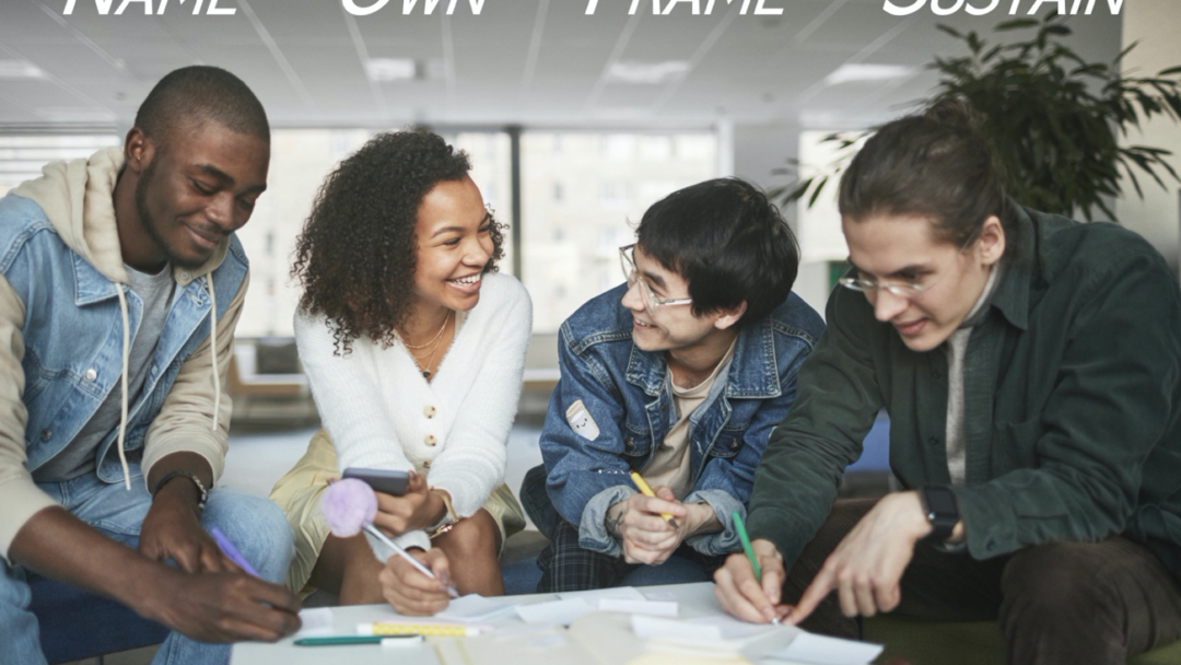 Four students sitting around a table. The words "Name, Own, Frame, Sustain" appear above them.
